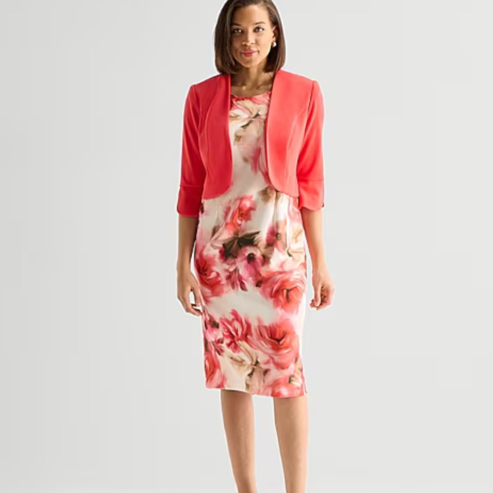 Maya Brooke Floral Sheath Dress with Coral Cropped Jacket sz 16 NWT